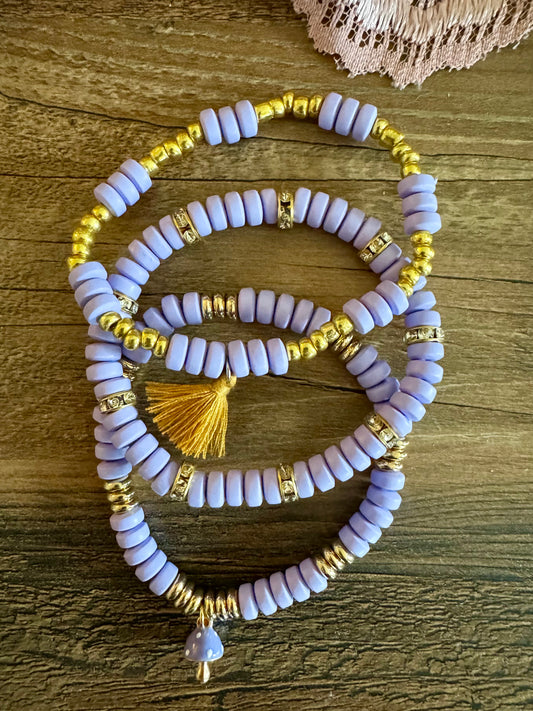 Light Purple Bracelet Stack with Tassel & Mushroom