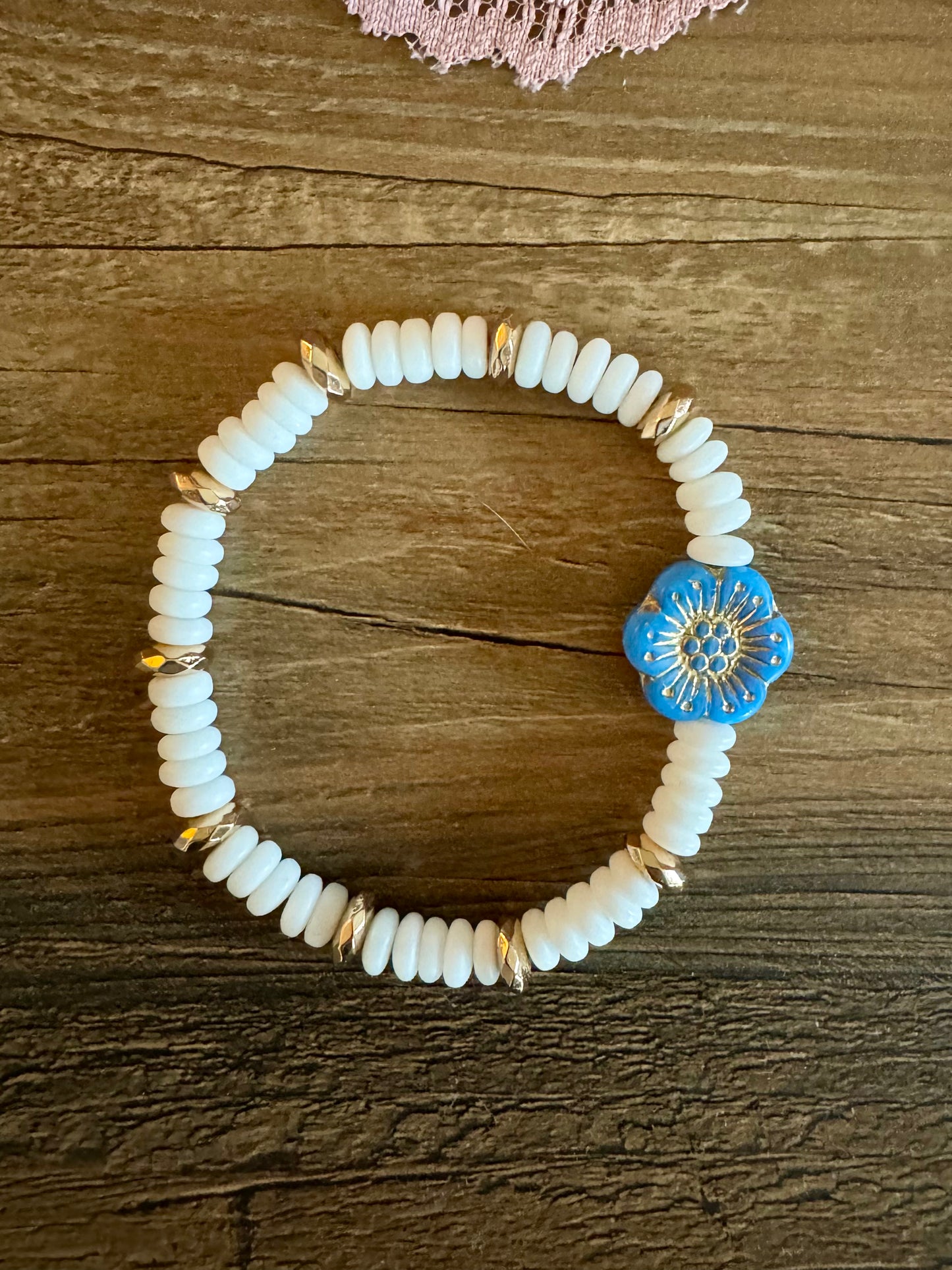 Blue Flower Bracelet with White Beads