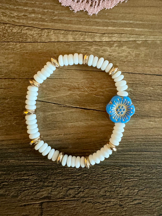 Blue Flower Bracelet with White Beads