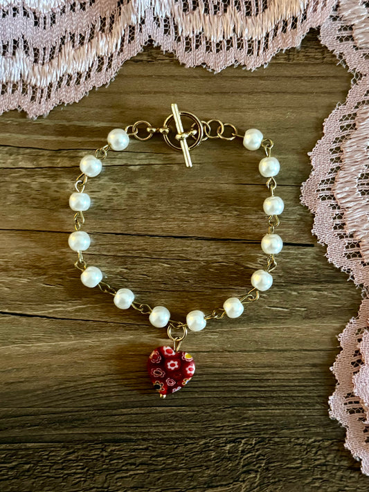 Pearl Chain Bracelet with Red Heart