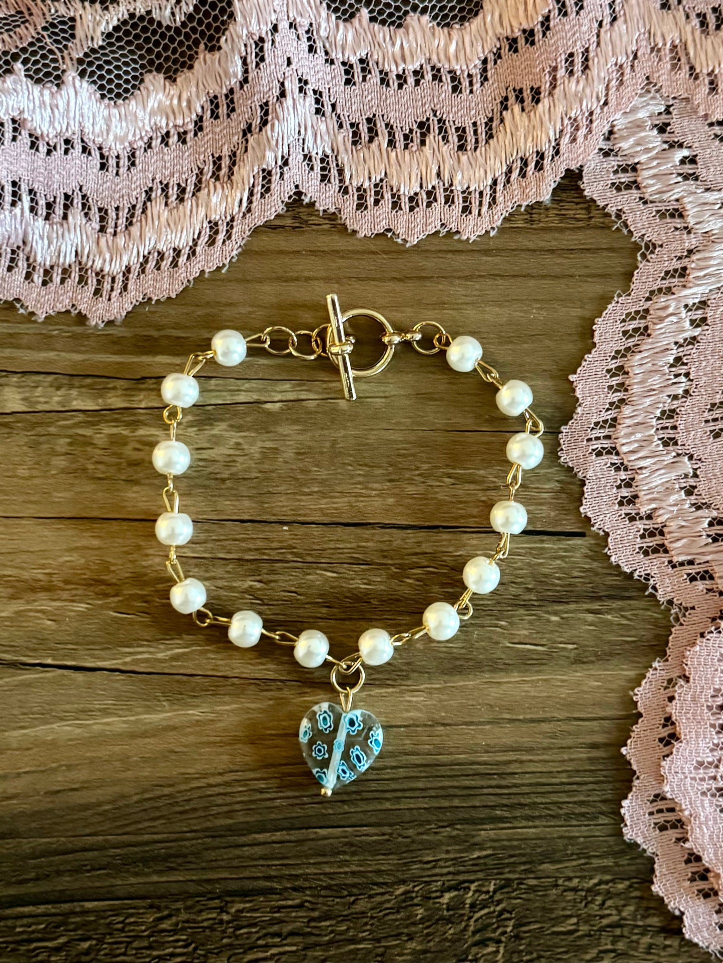 Pearl Chain Bracelet with Blue Heart