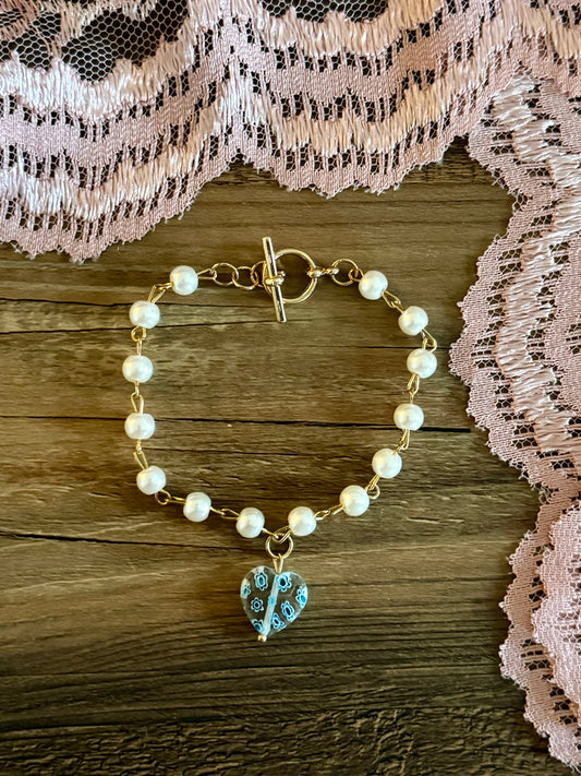 Pearl Chain Bracelet with Blue Heart